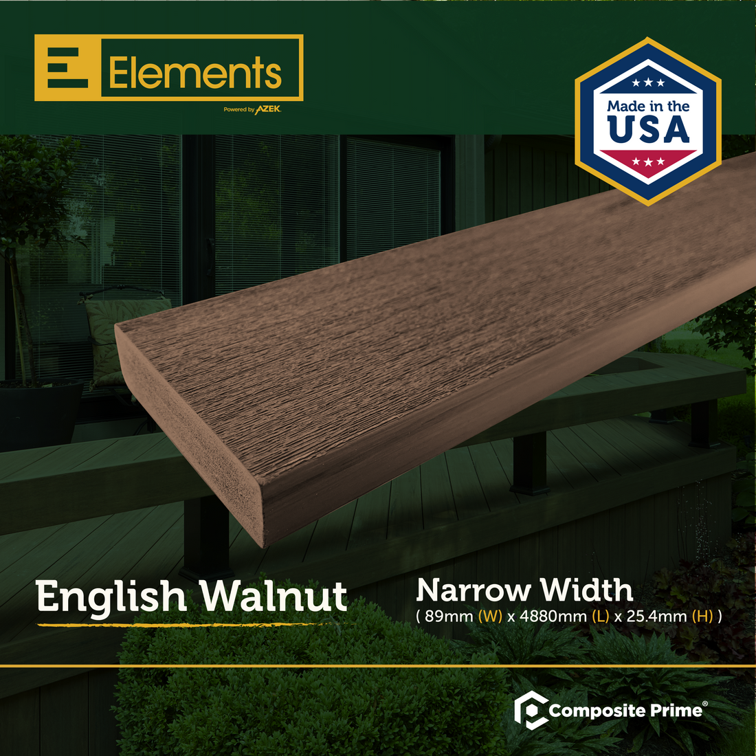 Elements Deck Board - Square Shouldered - 25 X 89 X 4880 (mm) - English Walnut