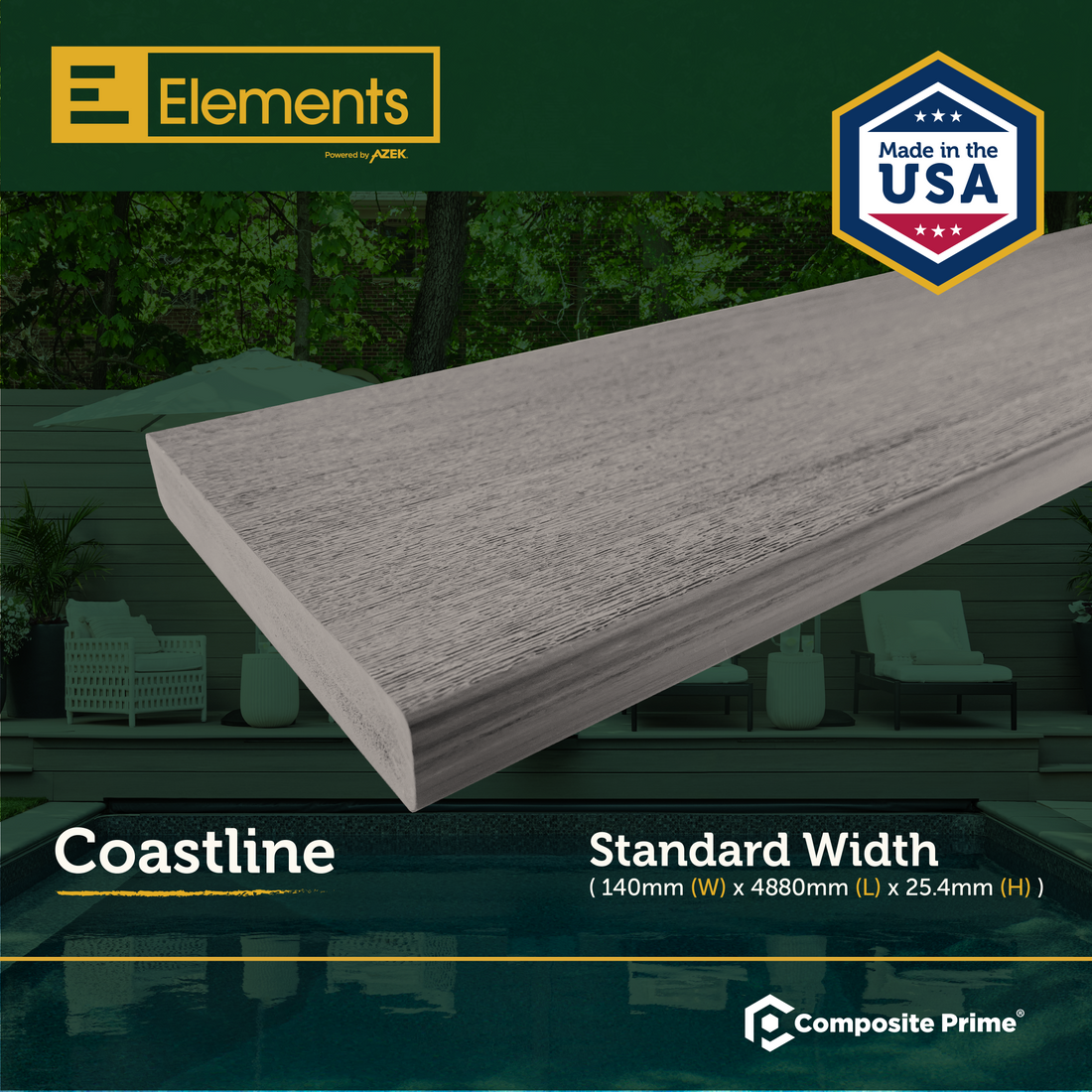 Elements Deck Board - Square Shouldered - 25 X 140 X 4880 (mm) - Coastline