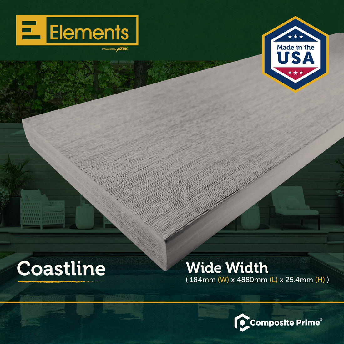 Elements Deck Board - Square Shouldered - 25 X 184 X 4880 (mm) - Coastline